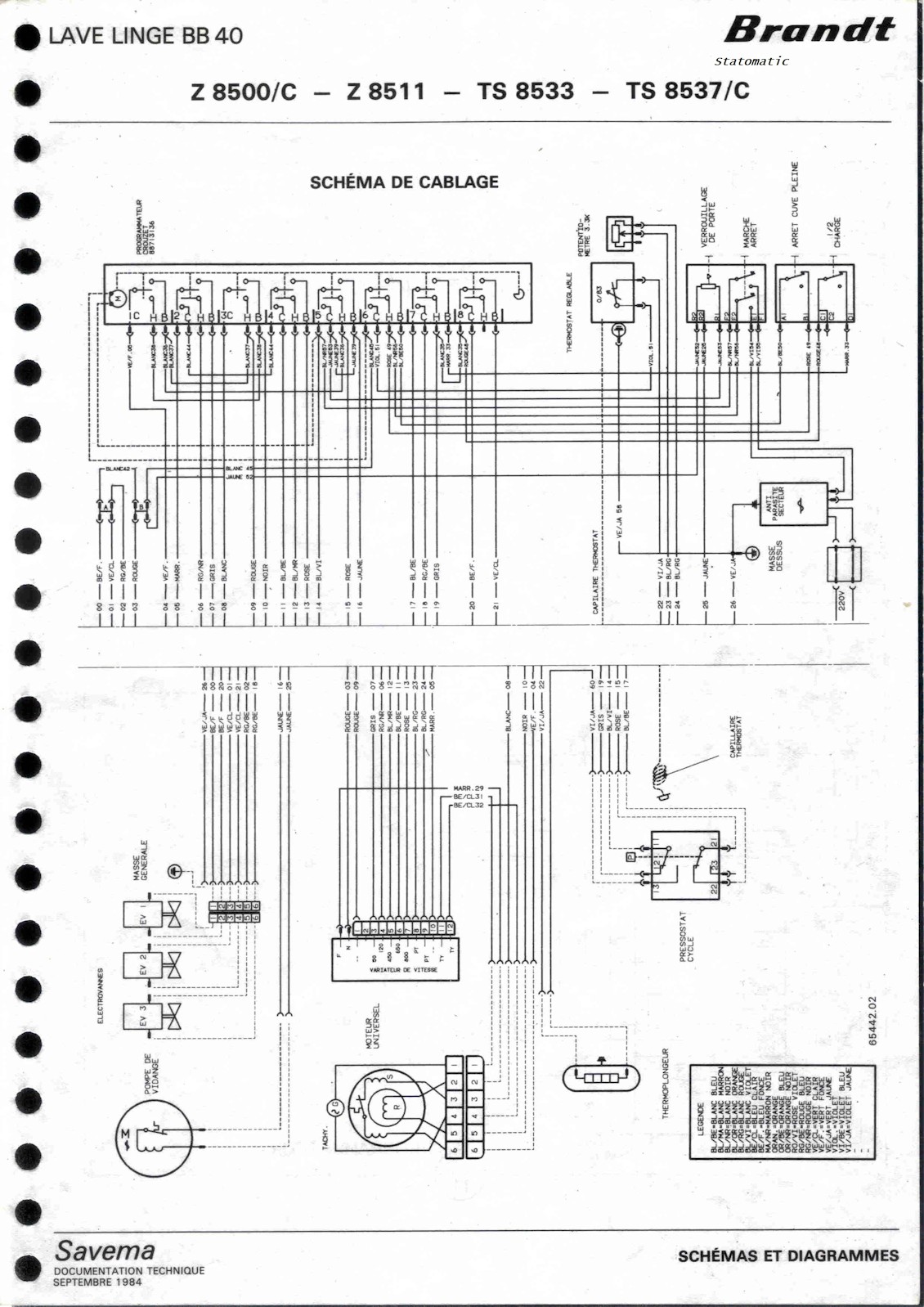 Machine à laver Brandt BB40 Z8500/C, Z8511, TS8533, TS8537/C.