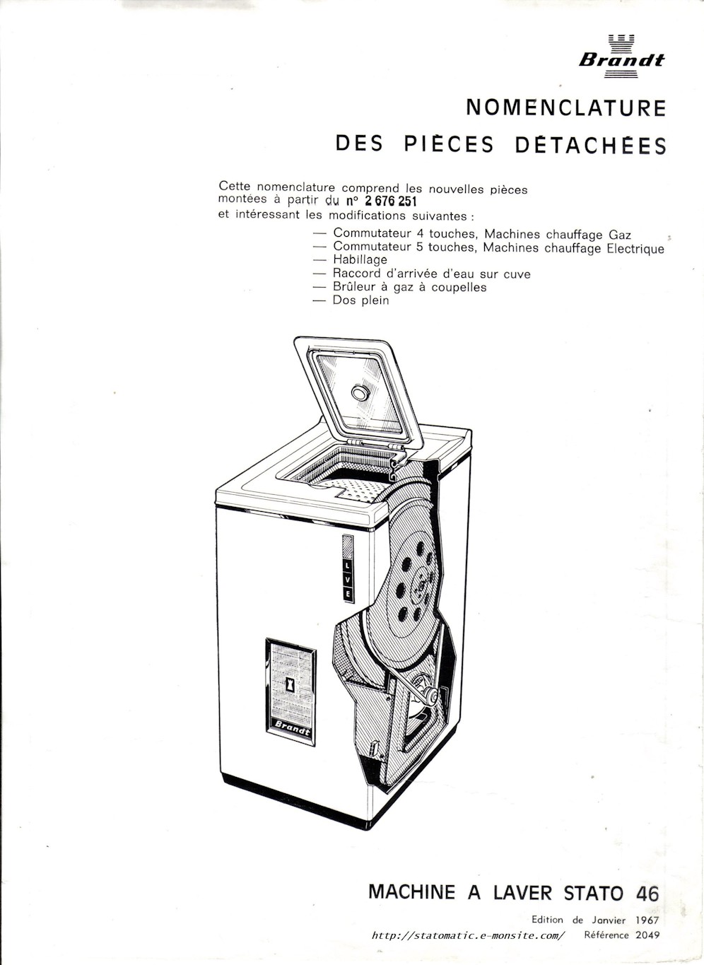 Machine à laver Brandt Stato 46, nomenclature des pièces détachées