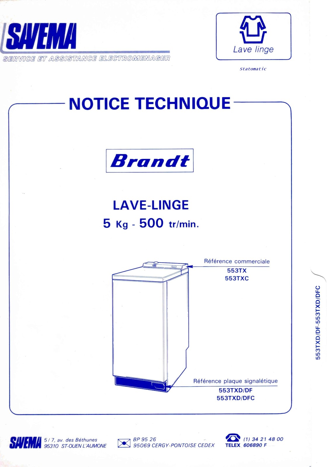 Lave linge 5kg  - 500tr/min Brandt 553TX / 553TXC.