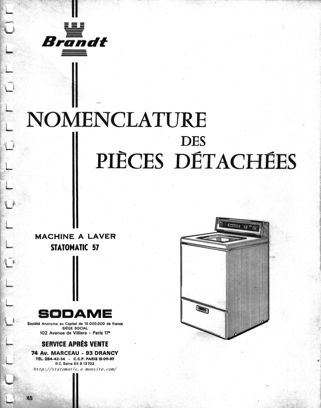 Machine à laver Brandt Statomatic 57, nomenclature des pièces détachées